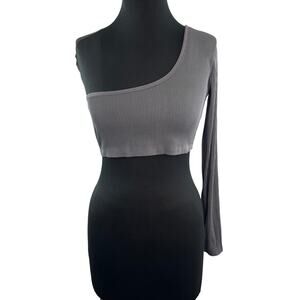 Maniere De Voir Gray Cropped Top Stretch Rib One Shoulder Pullover Top Size 12